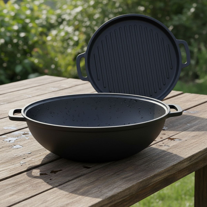 Казан чугунный WOK (Узбекский) 8л, ∅34 х 15.2см с крышкой-сковородкой гриль
